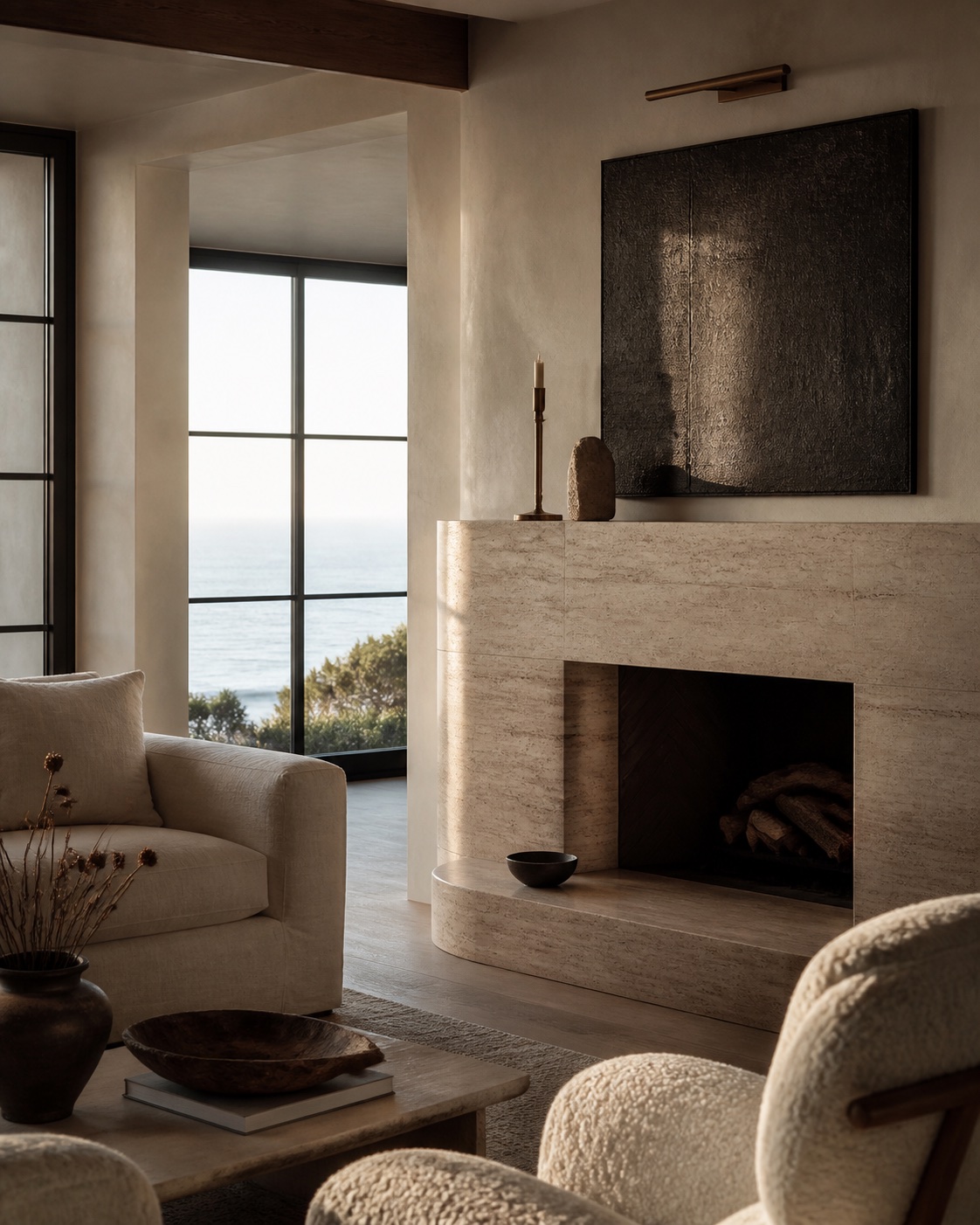 Warm, refined living room with a coastal view